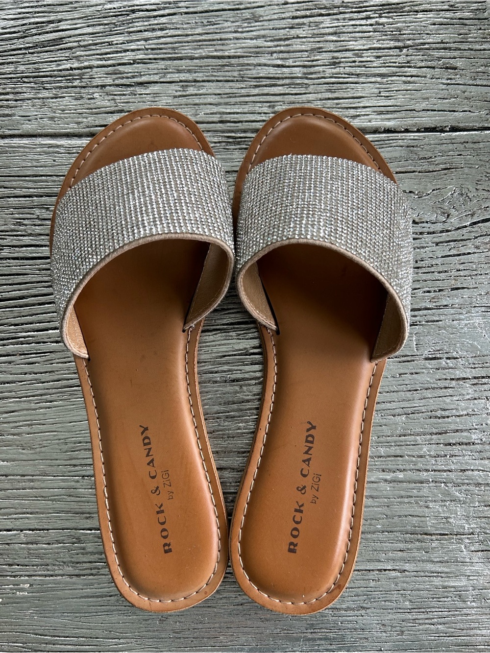 Rock & Candy Silver Sparkle Slide Sandals with Tan Footbed